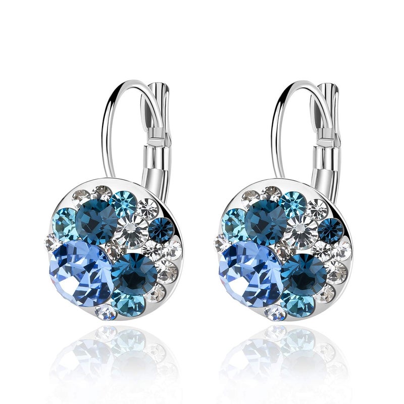 EVEVIC Multicolored Austrian Crystal Earrings for Women 14K Gold Plated Leverback Dangle Hoop Earrings (Blue Main Crystal/Silver-tone) - Image 1